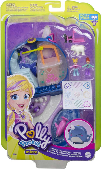 Polly Pocket Freezin' Fun Narwhal Compact com revelações divertidas, bonecas Micro Polly e Lila, cachorro Husky e trenó, figura de urso polar e folha de adesivos; Para maiores de 4 anos, GKJ52