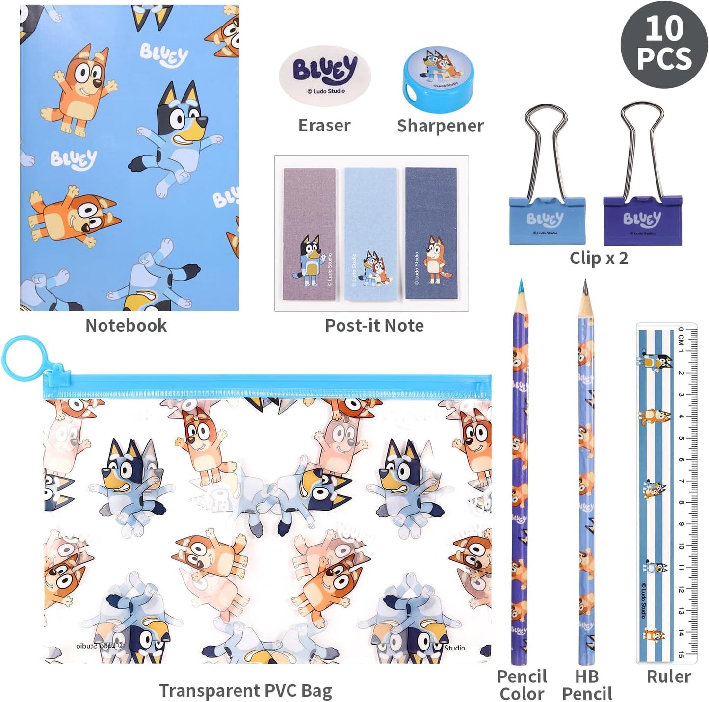 Bluey  9 peças transparente preenchido lápis estojo conjunto de papelaria à prova d'água meninos meninas crianças crianças escola viagem exame