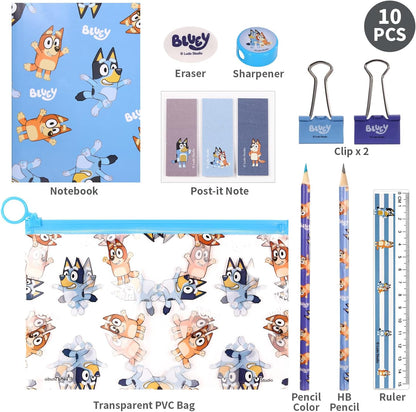 Bluey  9 peças transparente preenchido lápis estojo conjunto de papelaria à prova d'água meninos meninas crianças crianças escola viagem exame