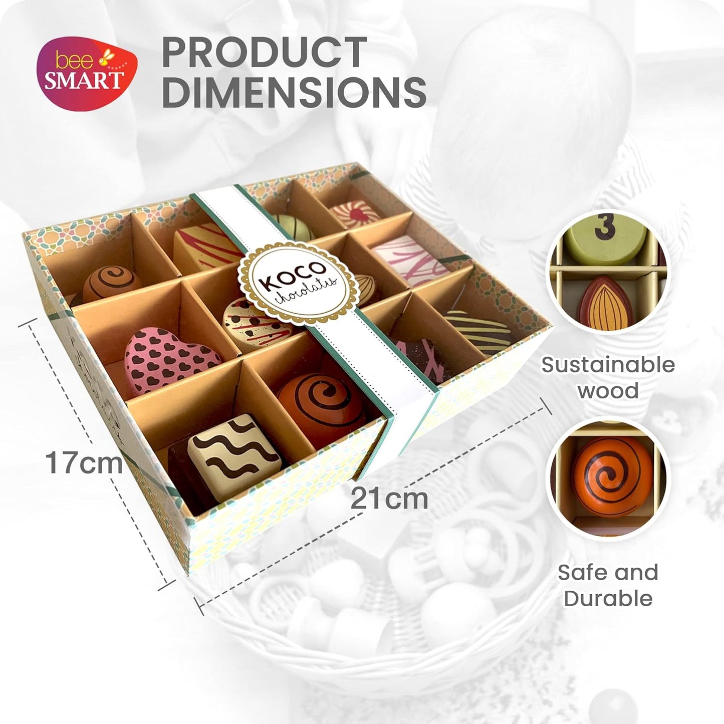 Bee Smart Caixa de madeira para chocolate doce Tea Party | Playset infantil finge brincar de comida com caixa de armazenamento de papelão resistente | Conjunto de cozinha para dramatização infantil e brincadeiras imaginárias