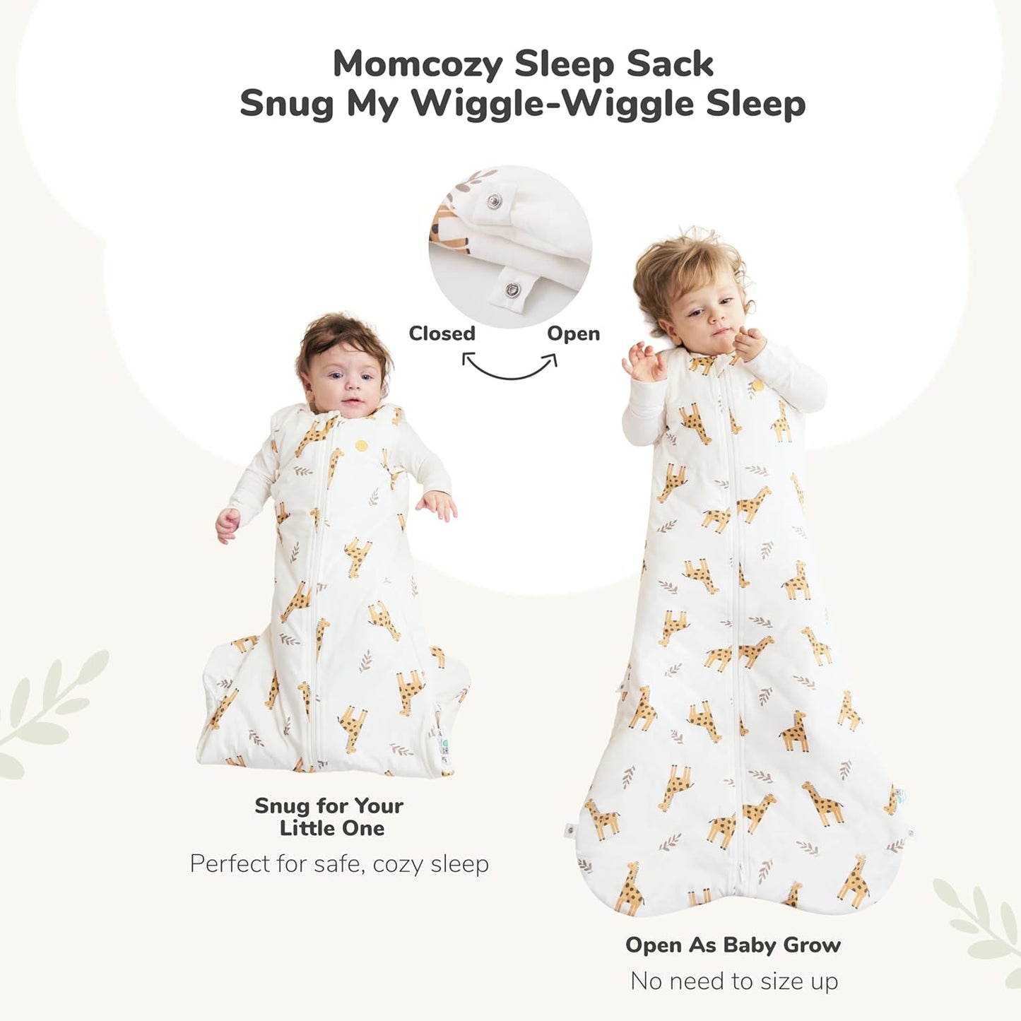 momcozy Saco de dormir para bebê, 0-6 meses, 1.5 TOG, com ajuste por botões de pressão, zíper duplo, tecido macio de bambu, estampa de girafa, tamanho P