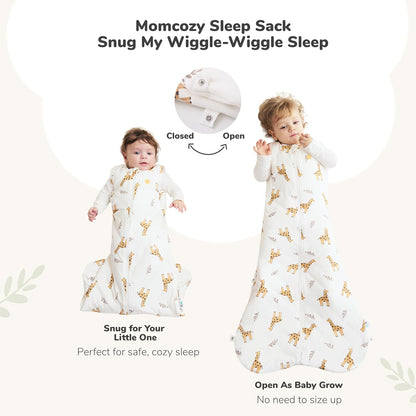 momcozy Saco de dormir para bebê, 0-6 meses, 1.5 TOG, com ajuste por botões de pressão, zíper duplo, tecido macio de bambu, estampa de girafa, tamanho P