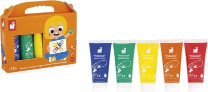Janod - Pincéis - 4 tamanhos diferentes - Pincéis, Janod - Tintas para dedos para bebês a partir de 1 ano, Janod - Paleta de tinta à base de água - 12 almofadas e pincel, Janod - Avental de pintura infantil a partir de 18 meses