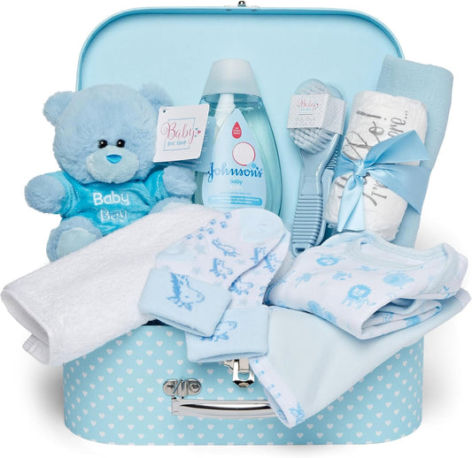 Baby Box Shop - Cesta de presentes para recém-nascidos, ursinho de pelúcia, itens essenciais e caixa de lembranças - presente ideal para chá de bebê e batizado