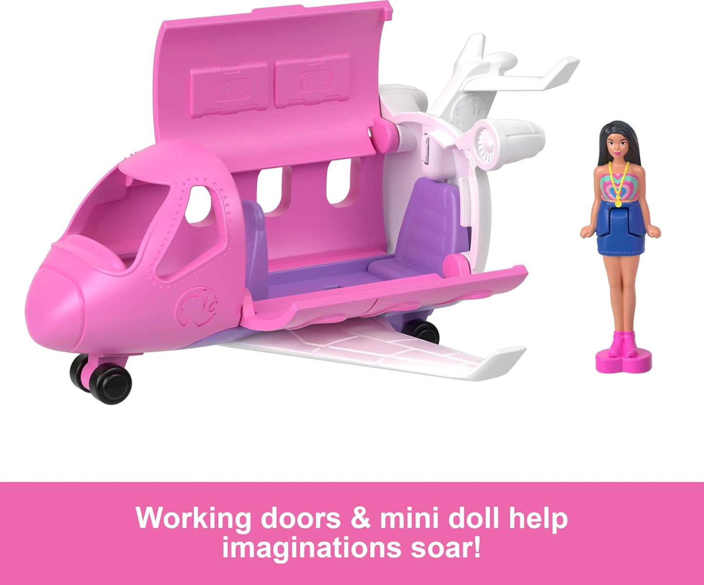 Barbie Mini BarbieLand Boneca e Conjunto de Veículo de Brinquedo, Boneca Barbie de 1,5 polegadas e Dreamplane com Portas Funcionais e Mudança de Cor, HYF40