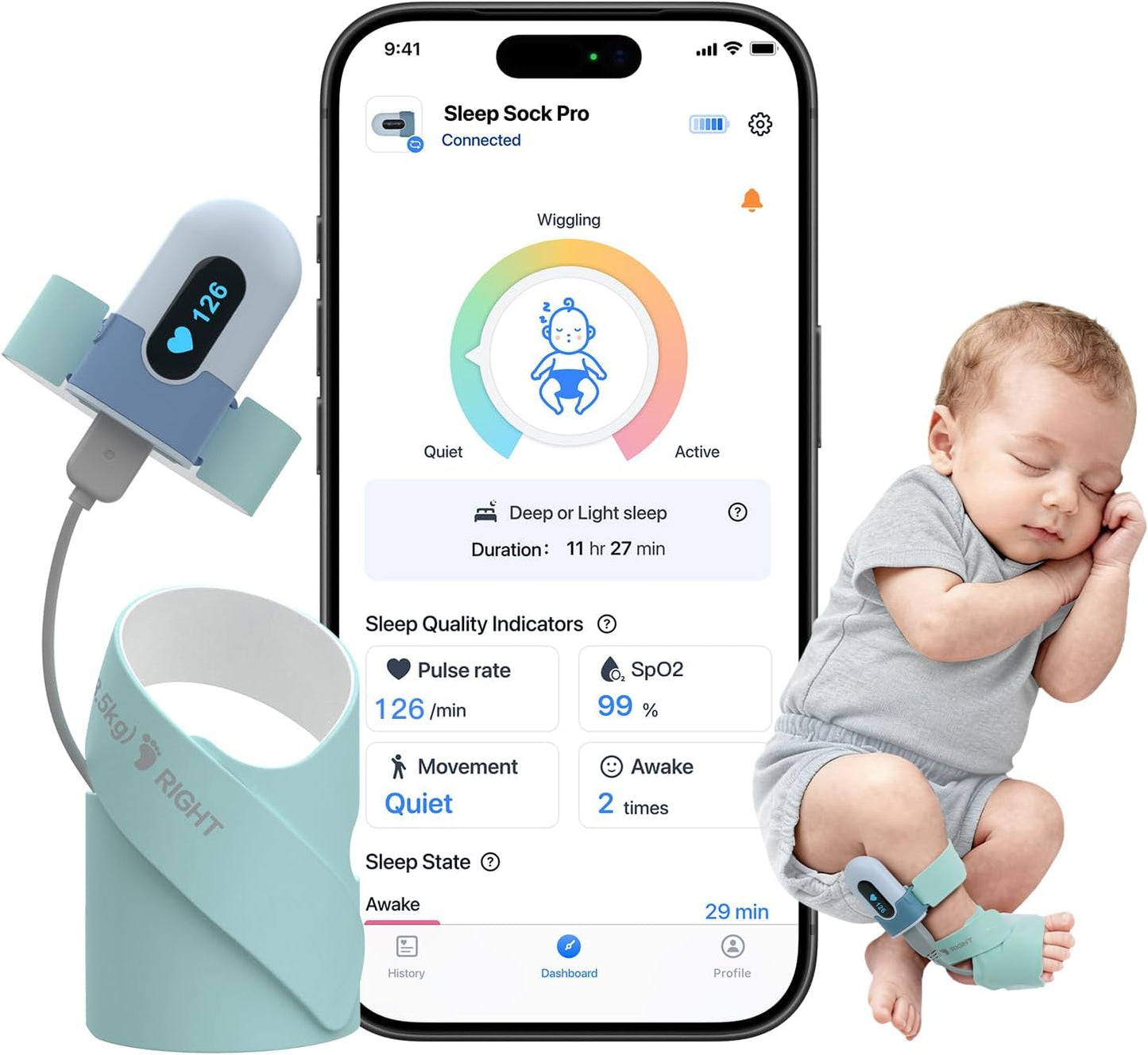 Babytone Oxímetro de pulso infantil, meia inteligente para bebês que monitora o nível de oxigênio, frequência cardíaca e movimentos
