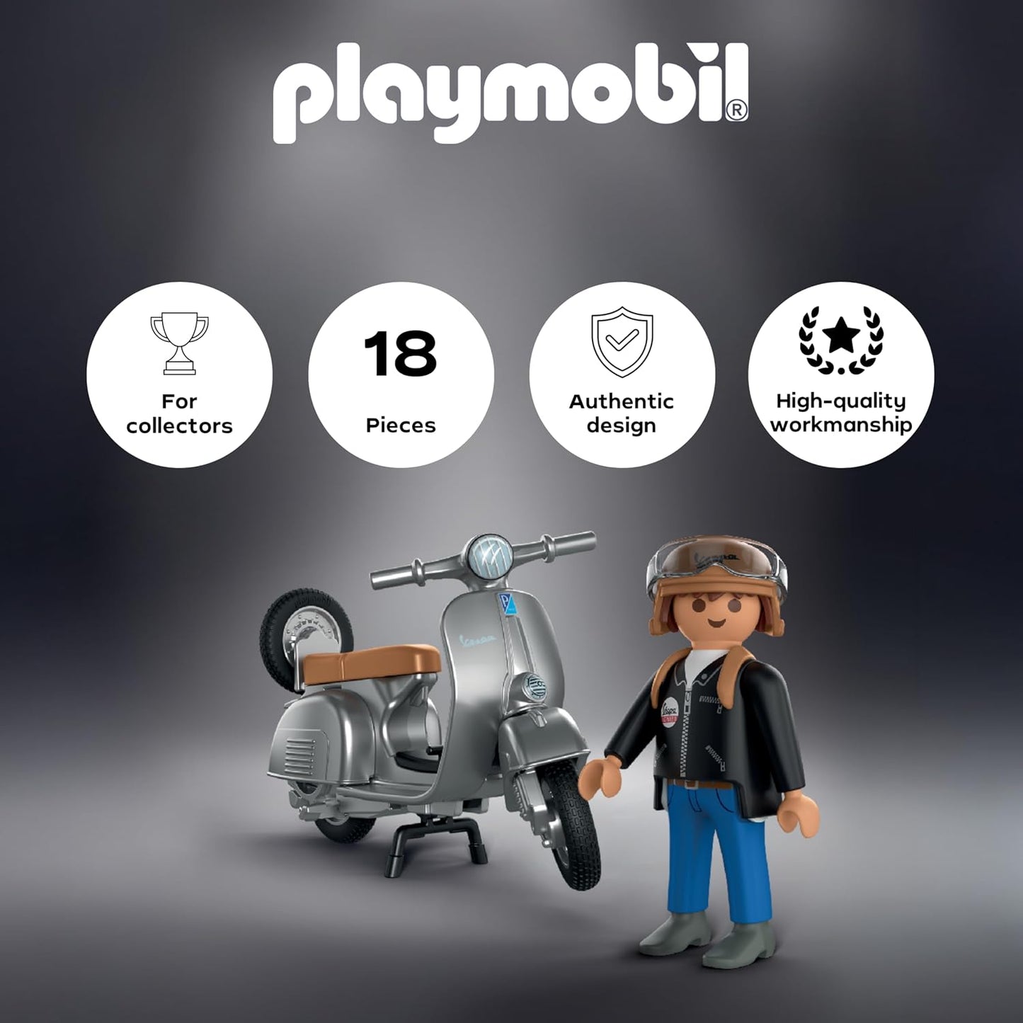 Playmobil | Vespa | Vespa 80º Aniversário: Estilo Original | Edição de aniversário com design retrô prateado, incluindo figura, capacete e cartela de adesivos | Para crianças a partir de 4 anos | 72282