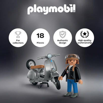 Playmobil | Vespa | Vespa 80º Aniversário: Estilo Original | Edição de aniversário com design retrô prateado, incluindo figura, capacete e cartela de adesivos | Para crianças a partir de 4 anos | 72282