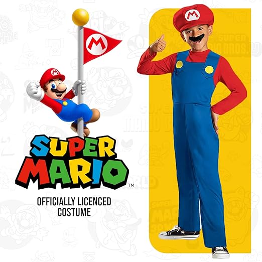 DISGUISE Oficial Clássico Nintendo Super Mario Costume Kids inclui Chapéu Mario, Mario Fancy Dress Up Outfit Crianças Halloween Aniversário Fantasias do Dia Mundial do Livro para meninos