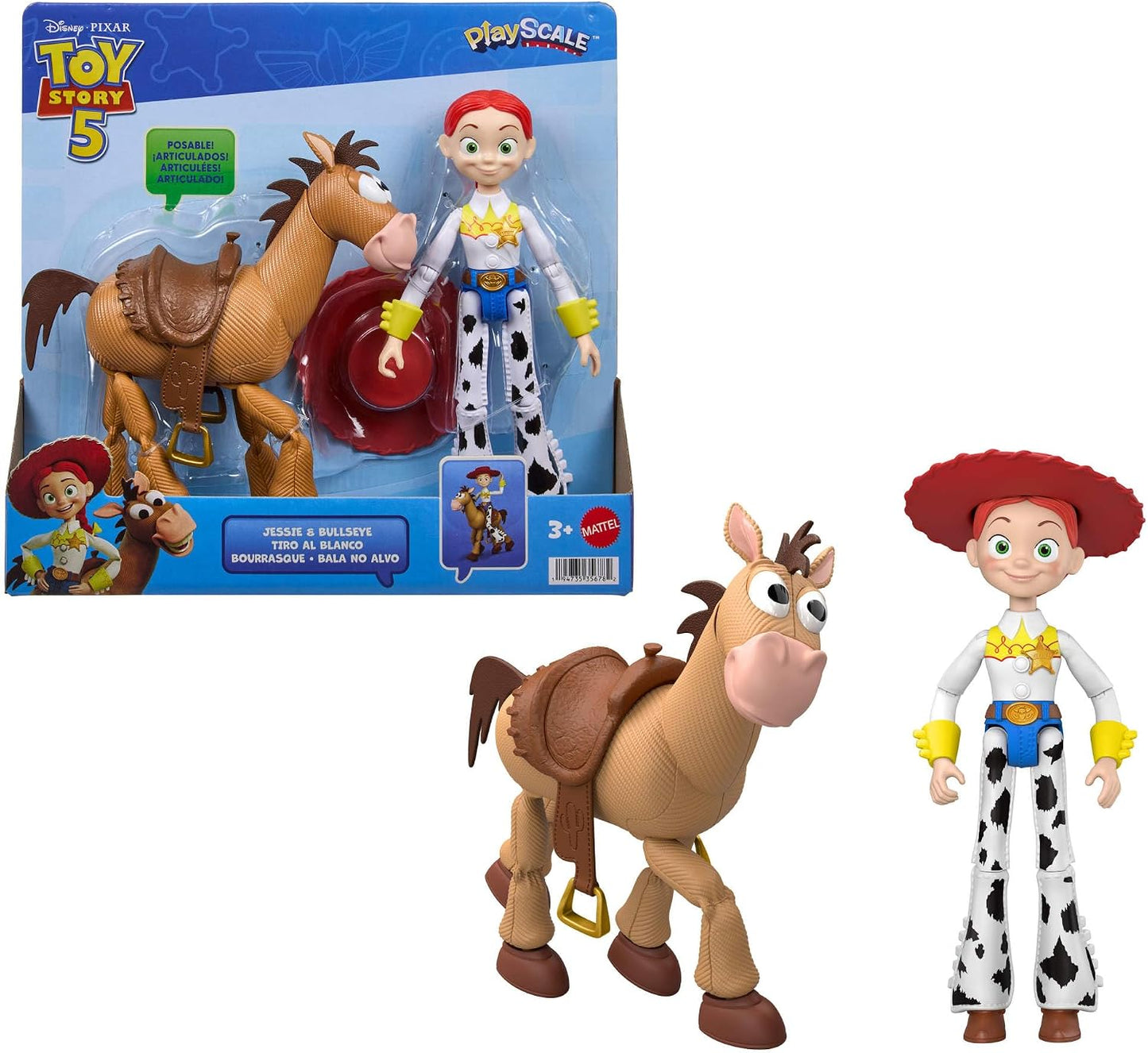 Mattel Disney e Pixar Toy Story 5 – Jessie e Bala no Alvo | Conjunto com 2 Bonecos de Ação (Escala de Brincar / 18 cm), Articulados, Chapéu de Cowboy Removível – JKV21