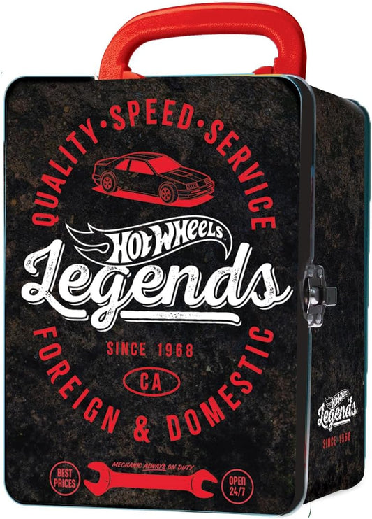 Hot Wheels Estojo de metal para carrinhos Vintage em escala 1:64 | Organizador e porta-brinquedos para 18 brinquedos | Presente ideal para colecionadores e crianças a partir de 3 anos | Tampa com design 3D de corrida Hot Wheels (Carrinhos não inclusos)