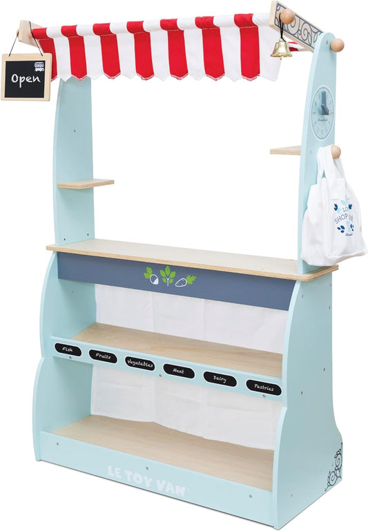 Le Toy Van - Juguete para niños con puesto de café y tienda de madera reversible Honeybake | Tienda de juegos de simulación de cafetería o supermercado.