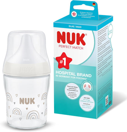 NUK Mamadeira de Vidro Perfect Match | 0+ Meses | 120 ml | Mamadeira Anticólica | Indicador de Controle de Temperatura | Arco-íris | 1 Unidade