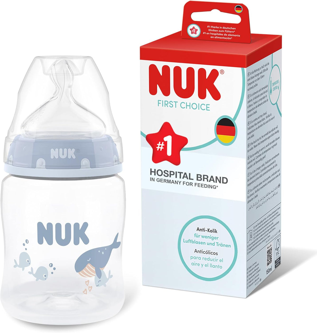 NUK Mamadeira First Choice | 0+ meses | 150 ml | Mamadeira Anticólica | Polipropileno (PP) | Indicador de Controle de Temperatura | Baleia | 1 unidade