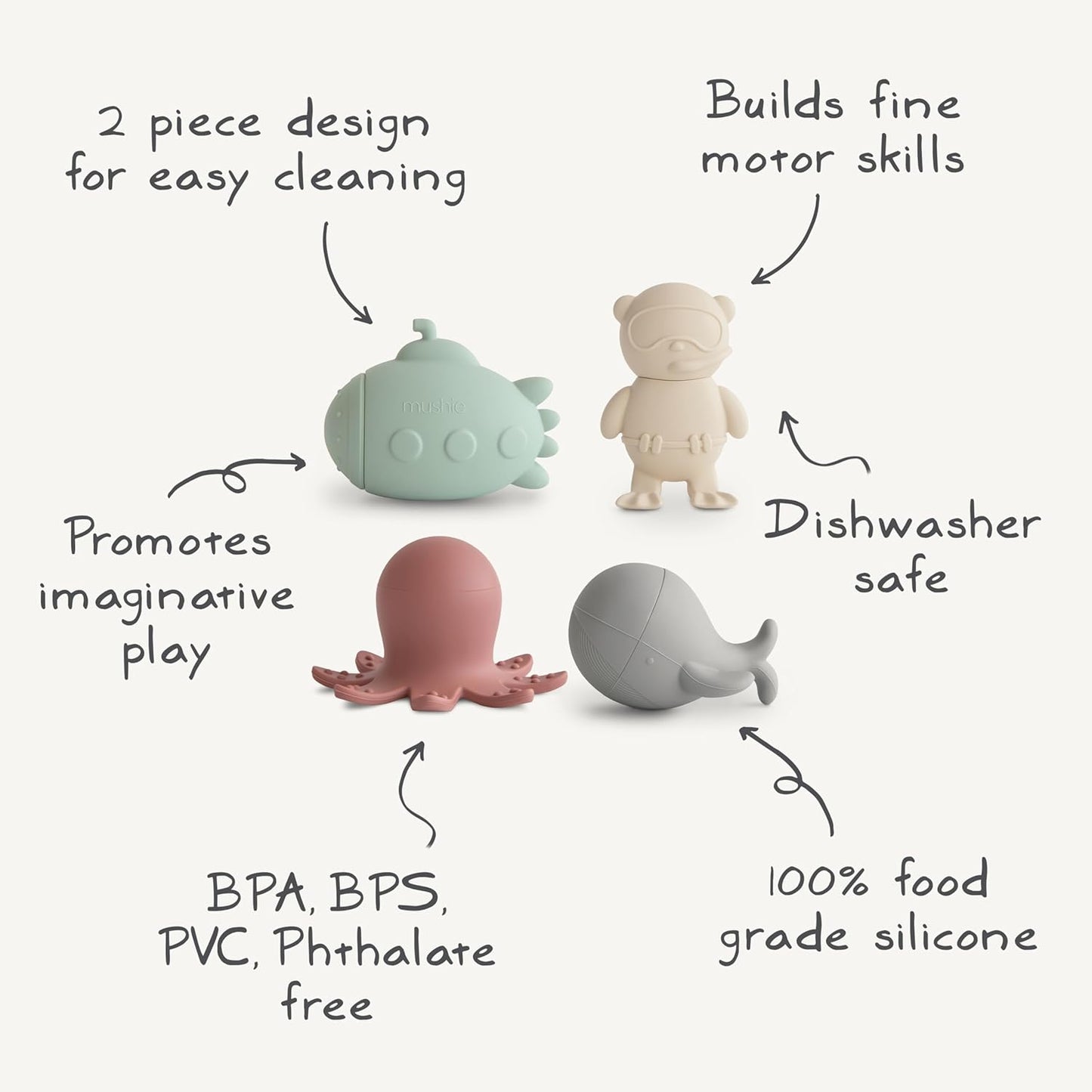 Mushie Brinquedo de banho para bebês, crianças pequenas e crianças, feito de silicone | Pacote com 4 brinquedos de banho com tema de vida marinha para diversão na banheira: baleia, submarino, mergulhador e polvo.