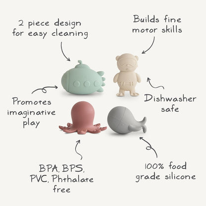 Mushie Brinquedo de banho para bebês, crianças pequenas e crianças, feito de silicone | Pacote com 4 brinquedos de banho com tema de vida marinha para diversão na banheira: baleia, submarino, mergulhador e polvo.