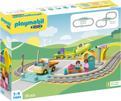 PLAYMOBIL 71593 1.2.3: Conjunto de trem grande, com vagões, barreiras e um relógio, brinquedo educativo e brinquedo de desenvolvimento de aprendizagem precoce para crianças pequenas, conjunto adequado para crianças de 12 meses ou mais