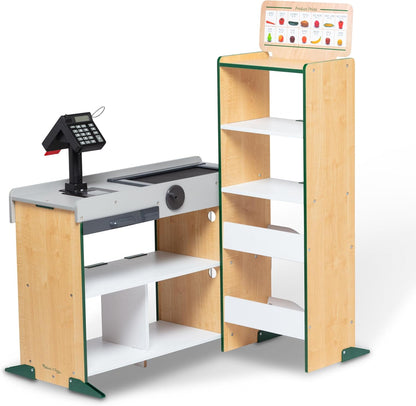 Melissa & Doug Grocery Store Playset e brinquedo até caixa registradora com scanner e transportador | Fingir Play Store | Loja de brinquedos de madeira | Conjunto de brinquedos para supermercado | De madeira