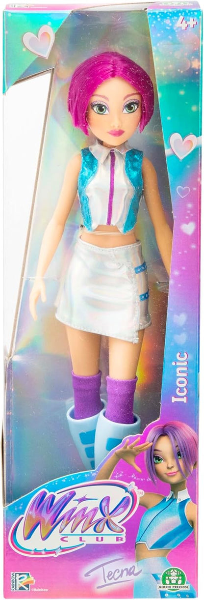 Winx Iconic Boneca – Tecna com Roupa Característica e Articulações – Boneca Fashion Clássica de 27cm com Cabelo Roxo e Saia Prateada – Brinquedo Oficial do Clube Winx para Meninas – Brincadeira Mágica de Aventura – A partir de 4 Anos