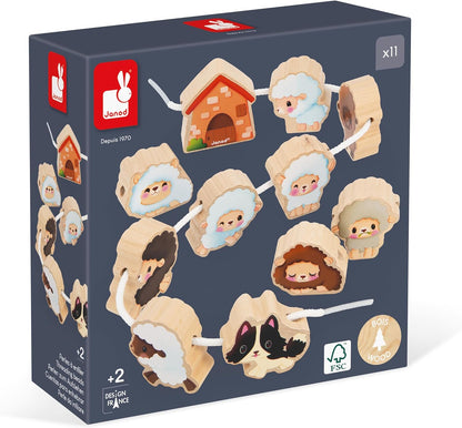 Janod - Hilo de cuentas - Tema de oveja - Juguete de aprendizaje temprano - 11 cuentas de madera + 2 asas para niños pequeños - Desarrolla la destreza - Juguete de madera FSC - 24 meses +,