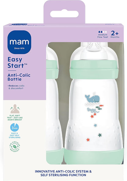 MAM Mamadeiras anticólicas Easy Start | Mamadeira autoesterilizante para leite materno | Tetinas MAM de fluxo médio tamanho 2, itens essenciais para recém-nascidos
