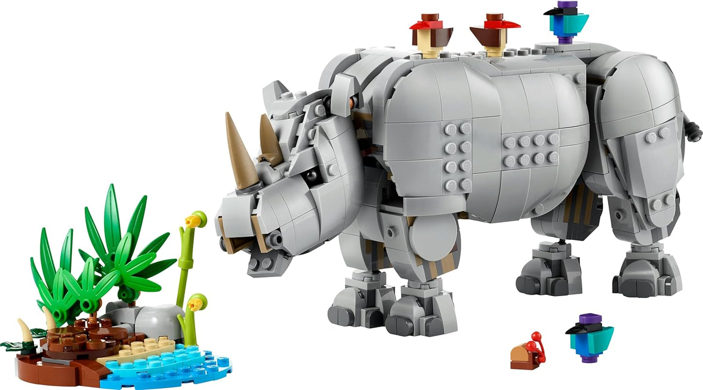 LEGO Creator 3 em 1 Animais Selvagens: Rinoceronte Majestoso com Pássaros - Figura de Animal que se Transforma em um Modelo de Hipopótamo ou uma Morsa - Presente Criativo para Meninas e Meninos a partir de 9 Anos - 31171