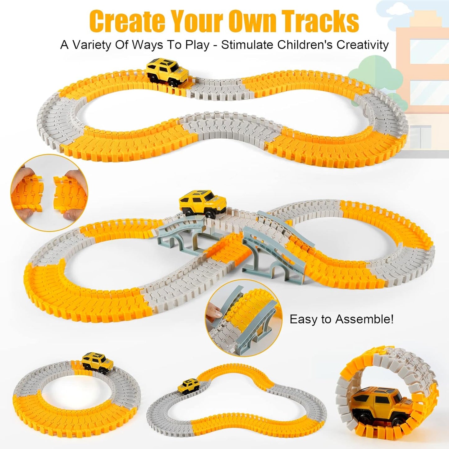 Conjunto de Pistas de Corrida de Construção com 260 Peças para Crianças, Incluindo 2 Carrinhos Elétricos, 4 Carrinhos de Construção, 1 Mapa e Kit de Pistas Flexíveis para Montar. Presente Ideal para Crianças de 3, 4, 5 e 6 Anos.