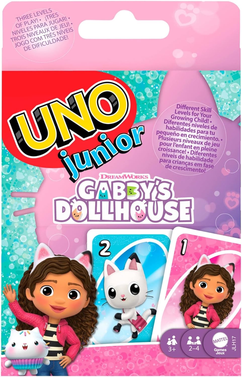 Mattel Games Jogo de cartas UNO Junior Gabby's Dollhouse da para festas infantis, noites em família, férias e viagens, JLH17