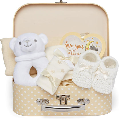 Baby Box Shop - Conjunto de presente para recém-nascidos - Cesta premium com chocalho para cachorro, porta-retratos, tecido de musselina, chá de bebê para recém-nascidos