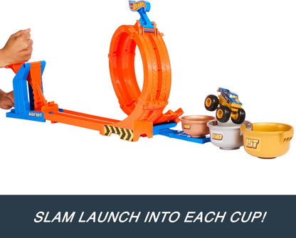 Hot Wheels Conjunto de Caminhão e Pista Monster Trucks, Playset Desafio de Troféu Loop-And-Flip e Miniatura Bigfoot em escala 1:64 do 50º Aniversário, 2 Formas de Brincar, JBX64