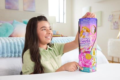 Mattel Conjunto de Boneca Disney Princess Rapunzel "Gira e Revela" com 11 Surpresas (incluindo 5 acessórios, 5 adesivos e cenário), inspirado no filme, HTV86