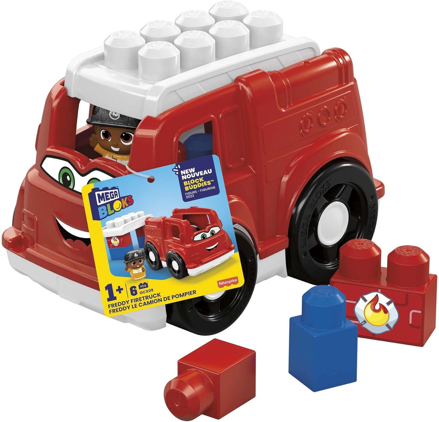 MEGA BLOKS Toddler Building Blocks Caminhão de Bombeiros com 1 Bloco Buddies Figura, Freddy Firetruck para Crianças de 1 a 3 Anos