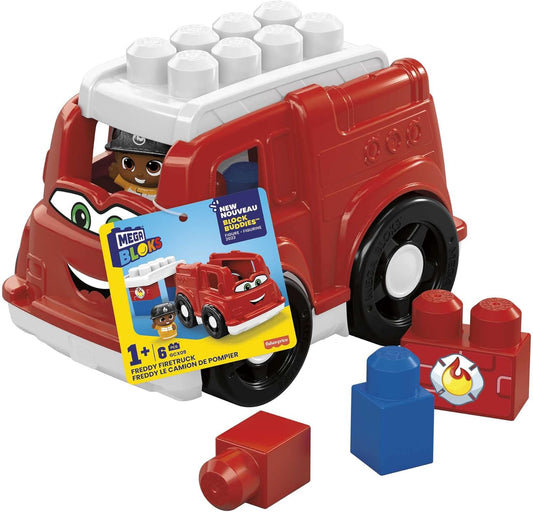 MEGA Caminhão de bombeiros de blocos de construção para crianças BLOKS com figura de 1 bloco de amigos, caminhão de bombeiros Freddy para crianças de 1 a 3 anos