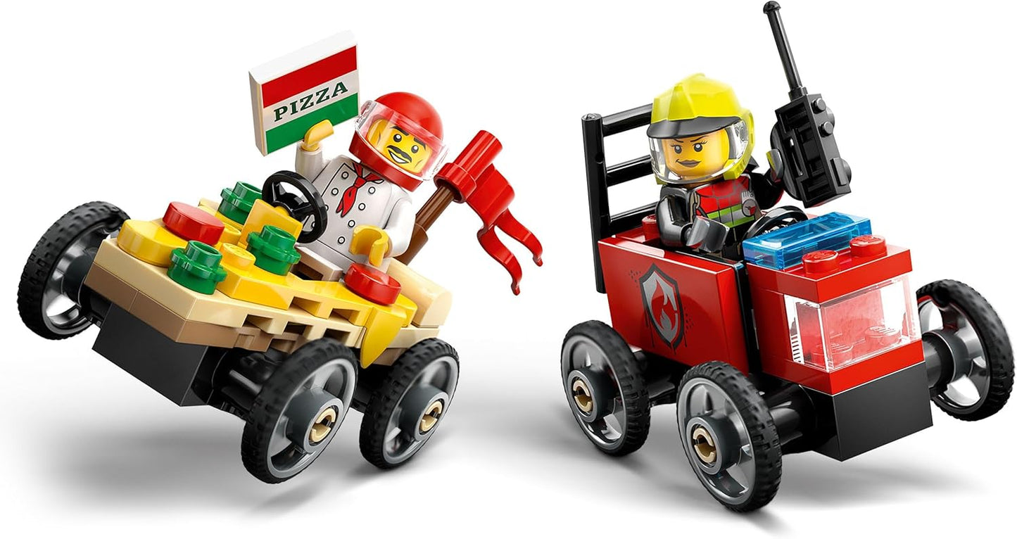 LEGO City Pizza vs. Fire Truck Race Car Pack Toy - Soapbox Car Toys para meninos e meninas de 5 anos ou mais - Presentes divertidos de feriado ou aniversário - Conjunto de veículos inclui 2 minifiguras