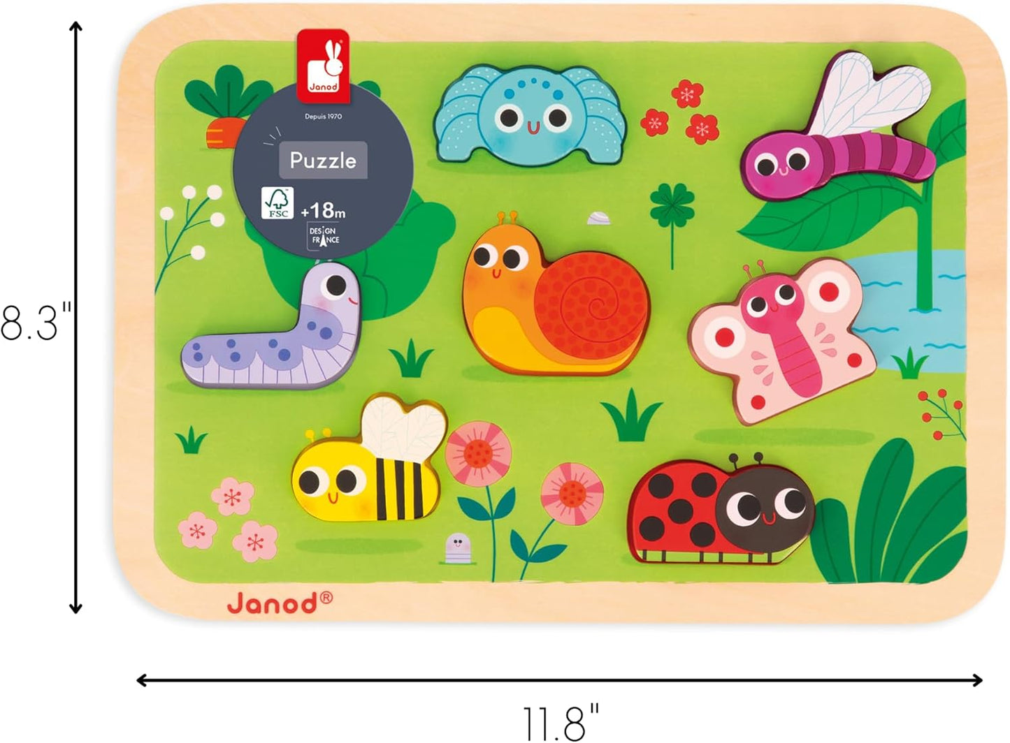 Janod - Quebra-cabeça robusto “The Garden” - Madeira FSC - 7 peças - Desenvolve habilidades motoras finas, concentração e imaginação - 18 meses +,