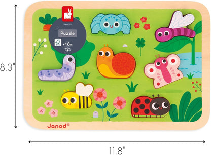 Janod - Quebra-cabeça robusto “The Garden” - Madeira FSC - 7 peças - Desenvolve habilidades motoras finas, concentração e imaginação - 18 meses +,