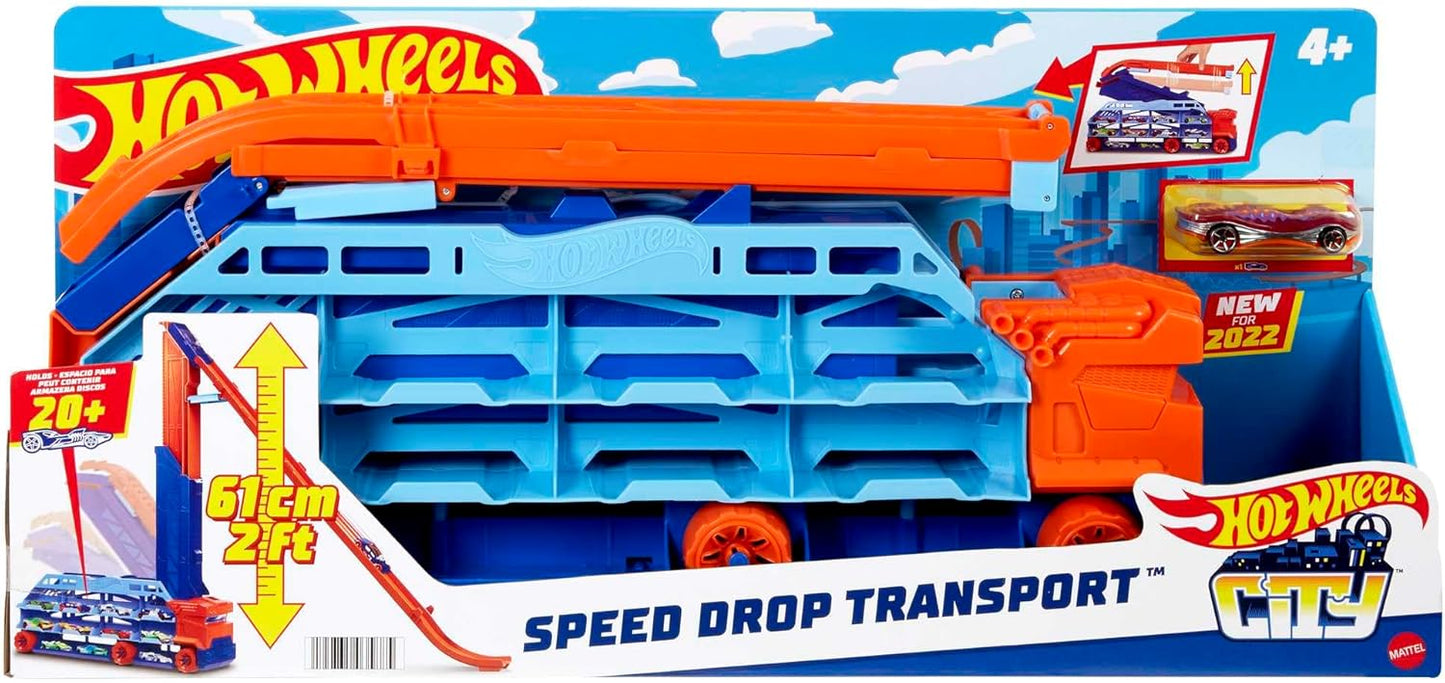 Hot Wheels Caminhão Transportador City Speed Drop, Inclui 1 Carrinho Hot Wheels, Capacidade para Mais de 20 Veículos em Escala 1:64, Transforma-se em uma Plataforma de Queda Livre de 60 cm de Altura, Ideal para Crianças a partir de 4 Anos, HDY92