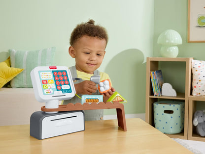 Brinquedo educativo Fisher-Price para crianças a partir de 2 anos: caixa registradora, loja de brincar com 20 peças, para brincar de contar e comprar. Versão multilíngue. JGW97