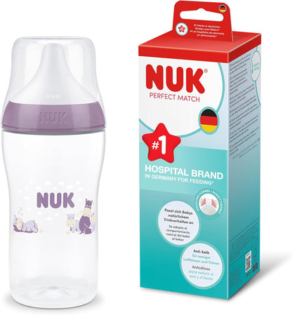 NUK Mamadeira Perfect Match | 3+ meses | 260 ml | Mamadeira Anticólica | Polipropileno (PP) | Indicador de Controle de Temperatura | Hipopótamo | 1 unidade