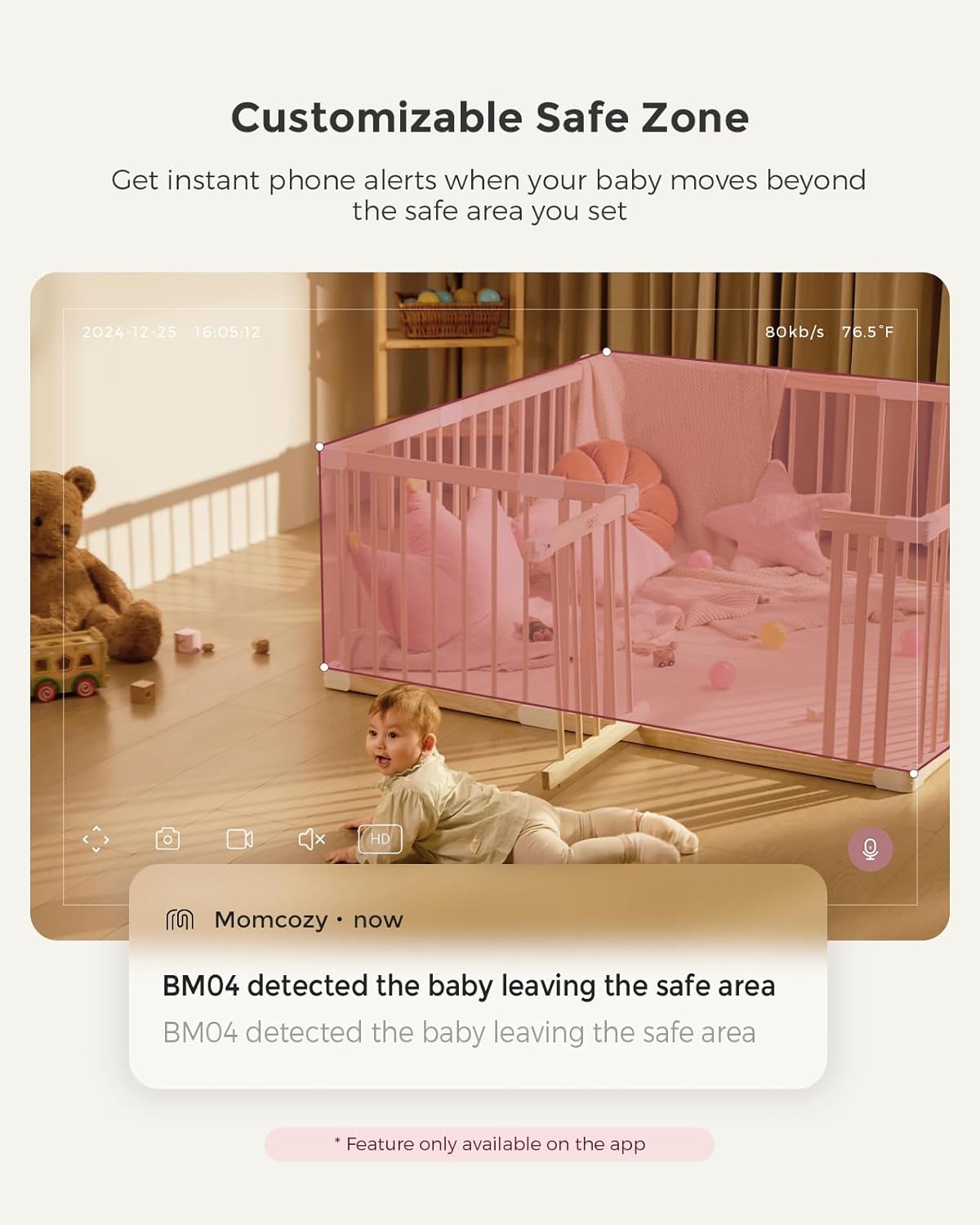 momcozy Babá Eletrônica Inteligente com Wi-Fi – Tela HD 1080p, Alertas de Movimento e Choro, Visão Noturna, Zona Segura e Monitoramento de Temperatura, Comunicação Bidirecional, Acesso ao Aplicativo e à Unidade dos Pais, Pode Ser Montada na Parede