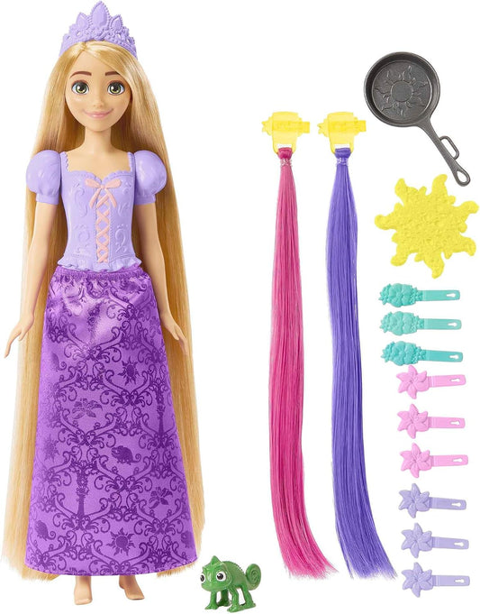 Boneca Rapunzel Disney Princess com apliques de cabelo que mudam de cor e acessórios de penteado