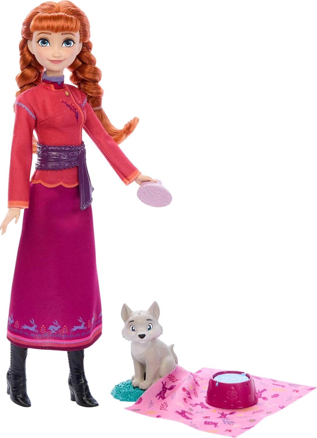 Mattel Boneca Disney Frozen Anna e Figura de Filhote de Lobo | 4 Acessórios, incluindo cama e cobertor para o animal; cabelo trançado; inspirada na linha "Animais de Arendelle" de Disney Frozen; JFG17