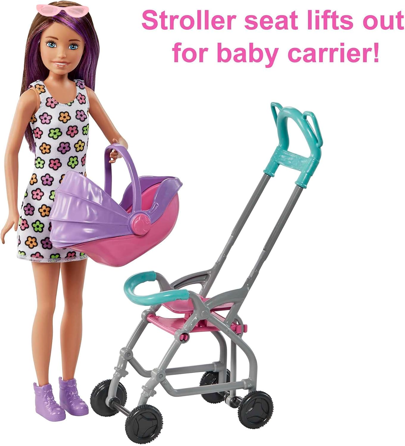 Barbie Skipper Babysitters Inc. Conjunto com boneca Skipper Babysitter (morena), carrinho, boneca e 5 acessórios, brinquedo para crianças de 3 anos ou mais, GXT34