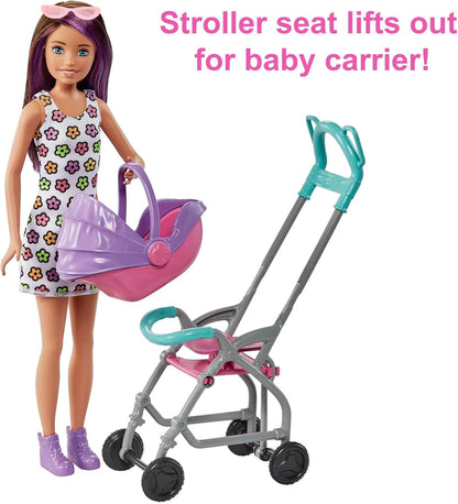 Barbie Skipper Babysitters Inc. Conjunto com boneca Skipper Babysitter (morena), carrinho, boneca e 5 acessórios, brinquedo para crianças de 3 anos ou mais, GXT34