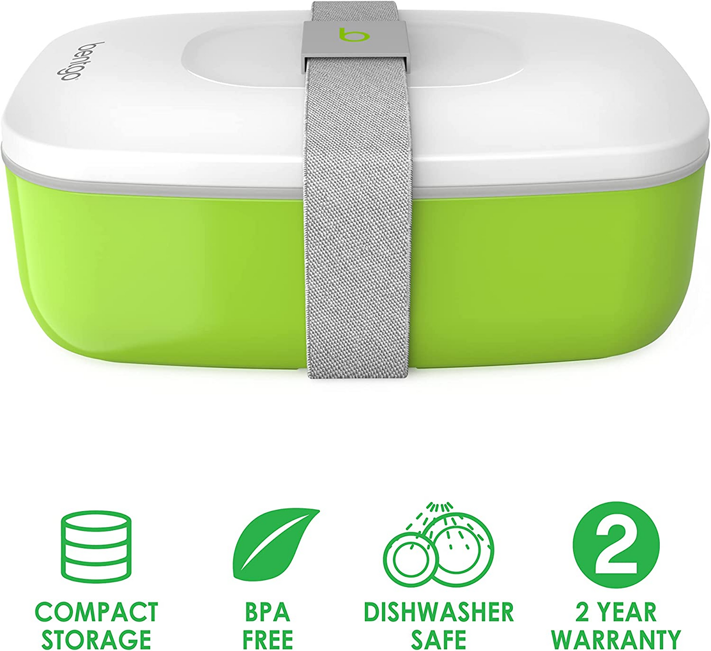 Bentgo Solução de lancheira empilhável tudo-em-um - Bento Box moderno e elegante inclui 2 recipientes empilháveis, talheres de plástico embutidos, alça de vedação (verde)
