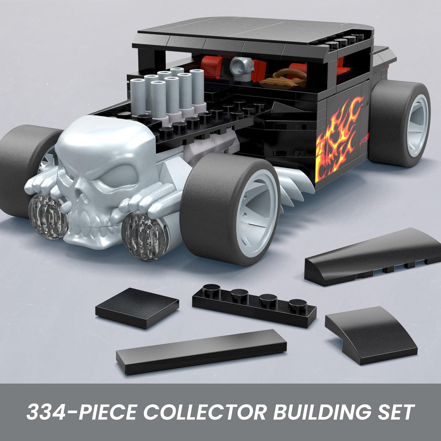 MEGA Conjunto de Brinquedos para Montar Hot Wheels Race Car, Bone Shaker com 334 Peças e Modelo em Metal Fundido, Réplica de Colecionador, Preto e Cromado, Crianças e Adultos, HRY17