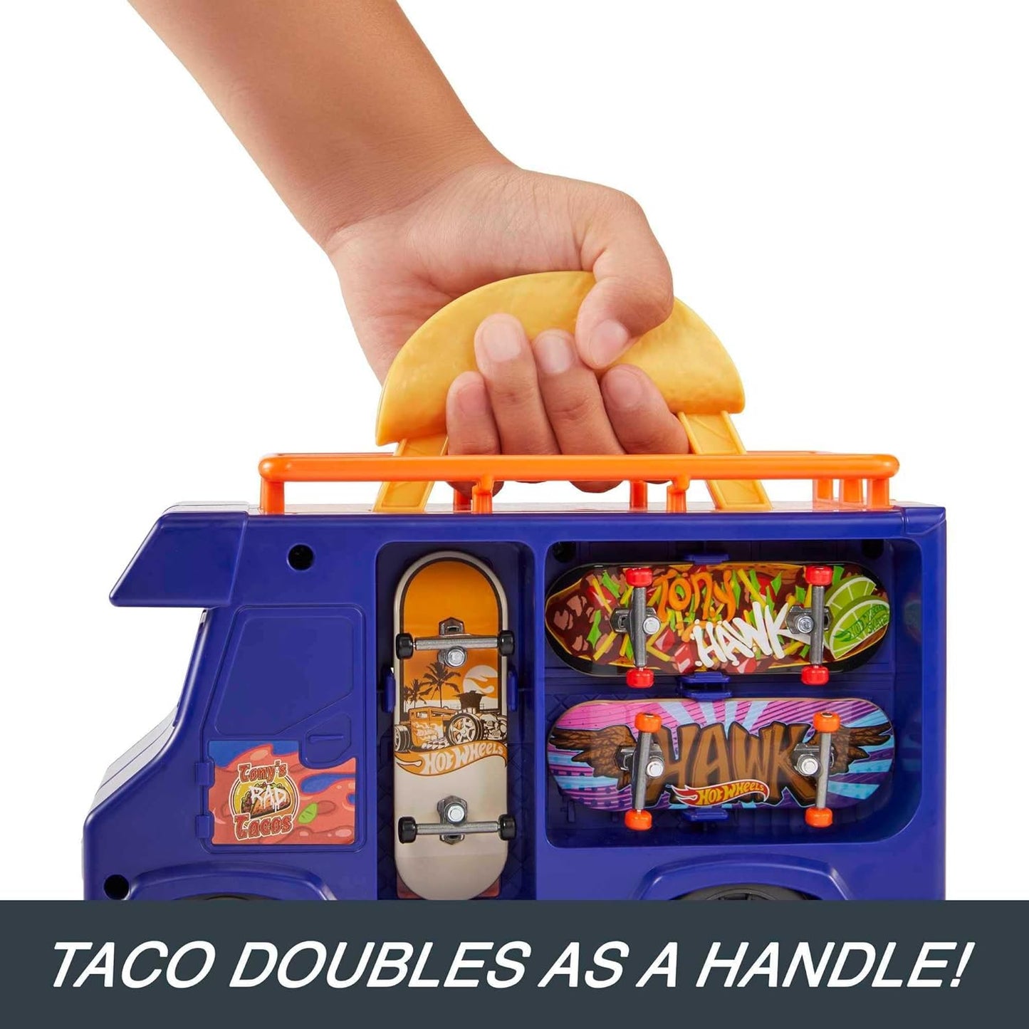 Hot Wheels Estojo Skate Taco Truck - Com corrimão retrátil para manobras radicais de skate, inclui fingerboard exclusivo e sapatos de skate removíveis, para crianças a partir de 5 anos, HMK00