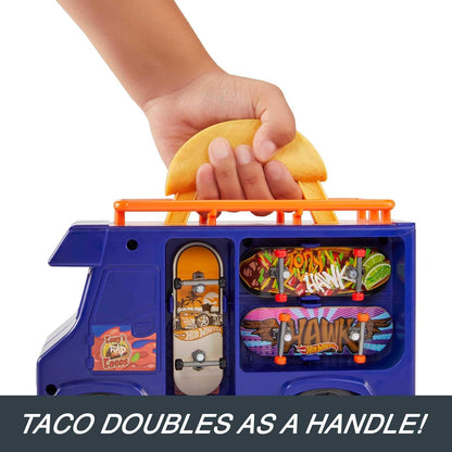 Hot Wheels Estojo Skate Taco Truck - Com corrimão retrátil para manobras radicais de skate, inclui fingerboard exclusivo e sapatos de skate removíveis, para crianças a partir de 5 anos, HMK00