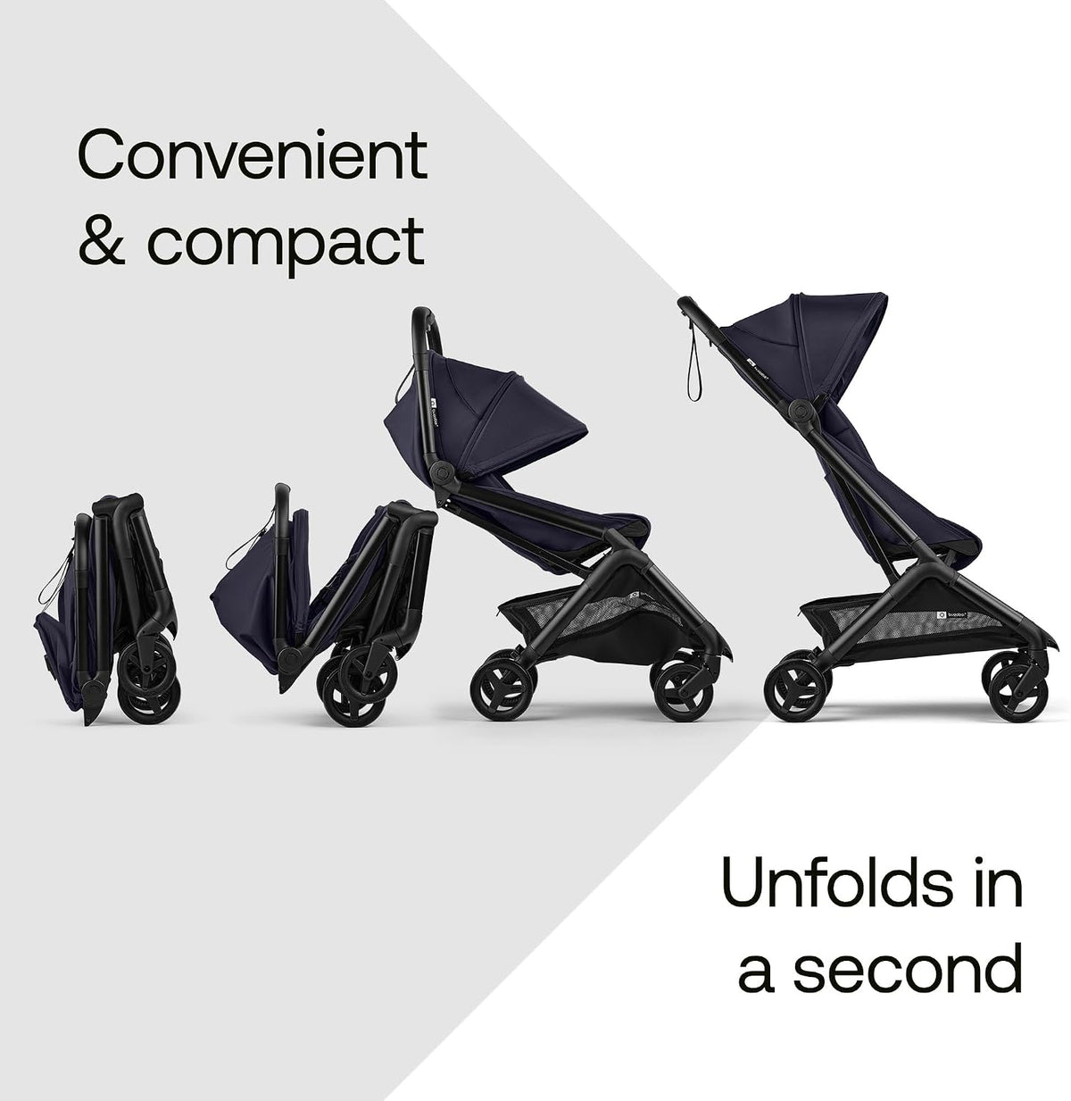 Bugaboo Carrinho de Bebê Butterfly 2 – Leve, Portátil e Tamanho de Bagagem de Mão – Kit com Barra de Proteção – Dobragem com uma Mão, Assento Reclinável, Cesto de Armazenamento e Alça de Transporte – Cor Deep Indigo
