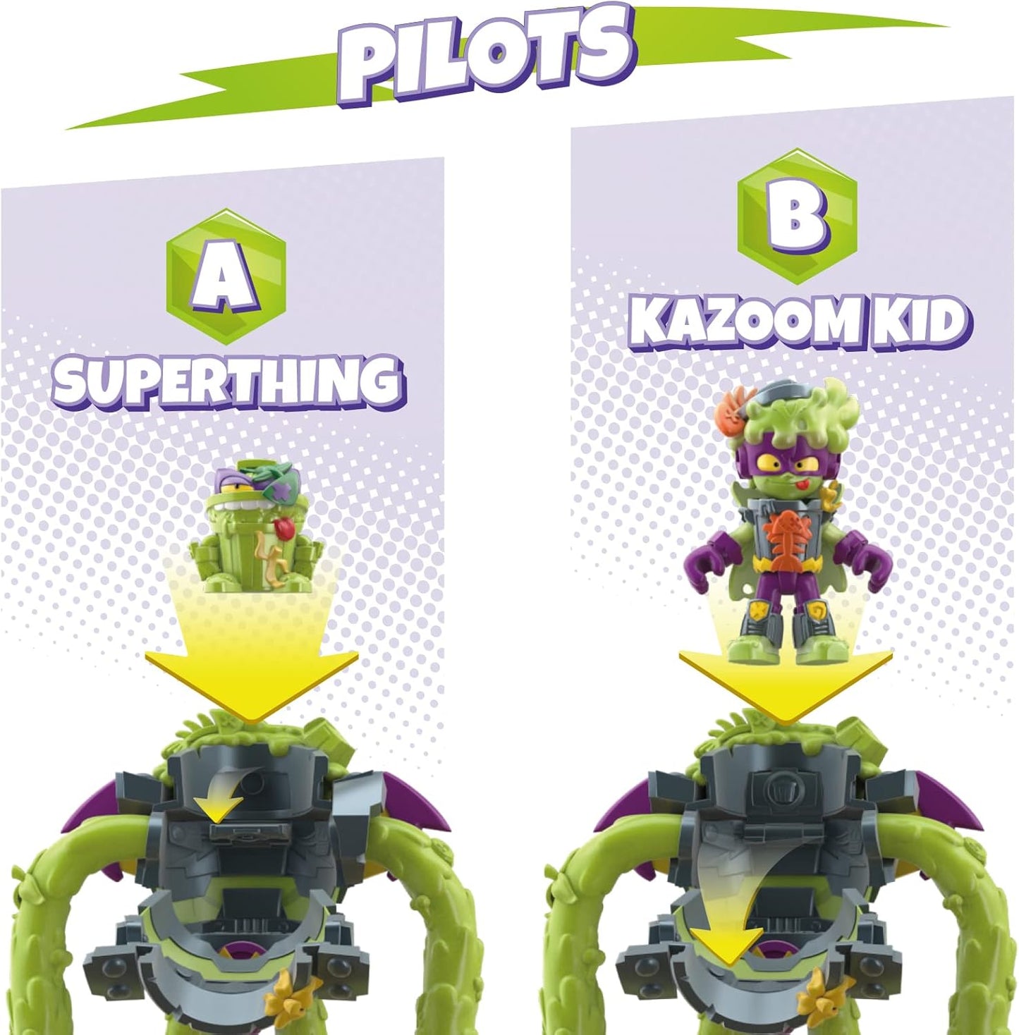SUPERTHINGS Superbot Power Arms Trasher – Robô vilão articulado com braços flexíveis e acessório de combate. Inclui 1 Kazoom Kid exclusivo e 1 SuperThing exclusivo.